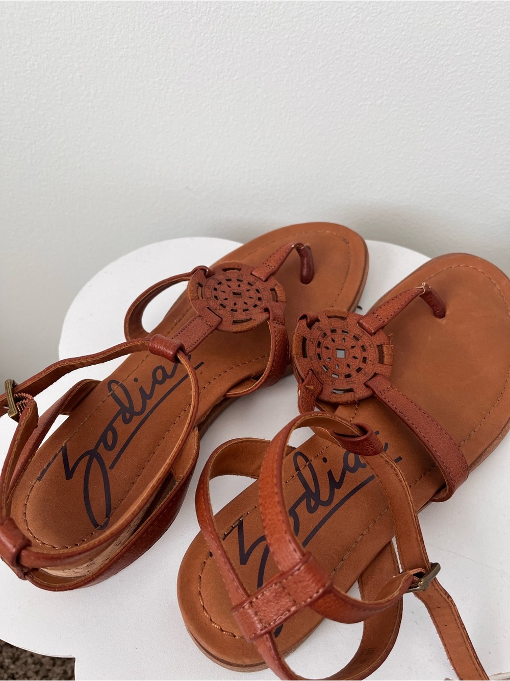 Zodiac Cognac Leather T-Strap Sandals